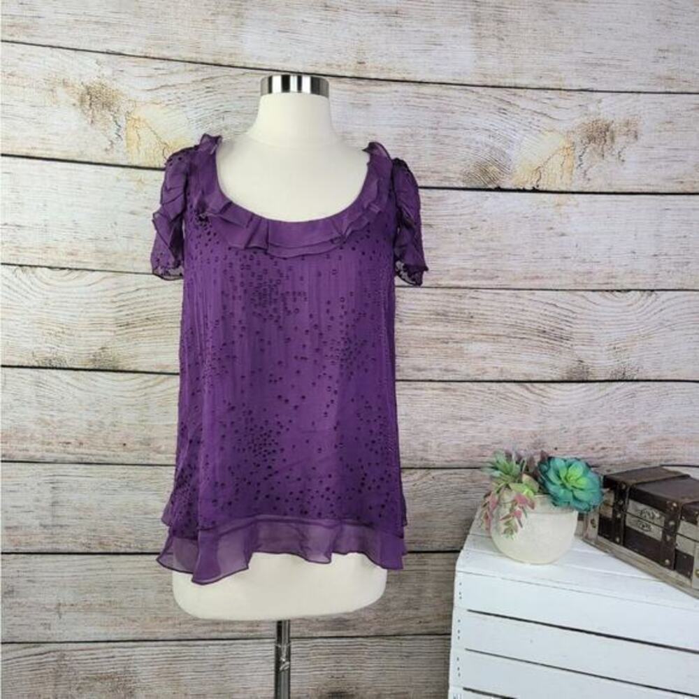 Rebecca Taylor Ruffle Cap Sleeve Perforated Purple Short Sleeve Top 2